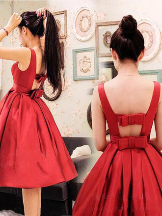 red bateau a-line open back bowknot homecoming dress dtp246