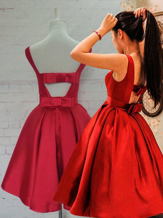 red bateau a-line open back bowknot homecoming dress dtp246