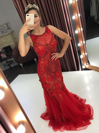 red lace mermaid beaded prom dresses scoop illusion party dress dtp500