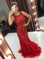 Red Lace Mermaid Beaded Prom Dresses Scoop Illusion Party Dress