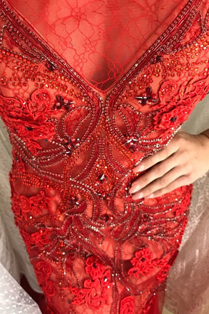 Red Lace Mermaid Beaded Prom Dresses Scoop Illusion Party Dress