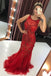 Red Lace Mermaid Beaded Prom Dresses Scoop Illusion Party Dress