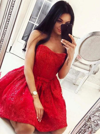 red sweetheart beading lace short prom dress with waist bowknot dtp212