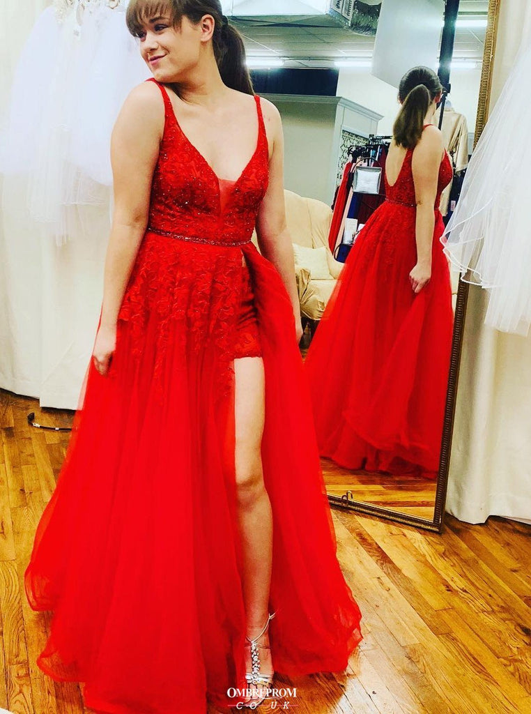 red long prom dress v-neck sexy backless party gown with slit dtp576