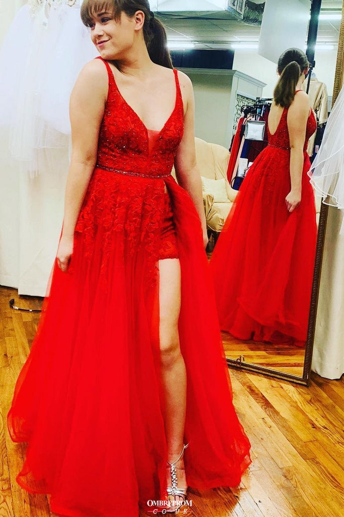 Red Long Prom Dress V neck Sexy Backless Party Gown With Slit