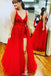 Red Long Prom Dress V-neck Sexy Backless Party Gown With Slit
