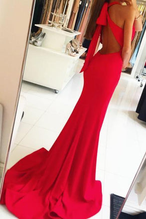Mermaid Split Long Prom Dresses, Red Open Back Evening Dresses