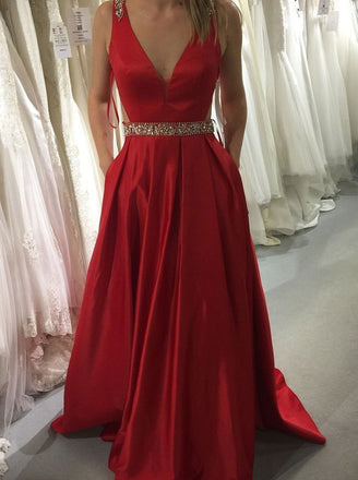 red prom dresses a-line v-neck satin with beading formal gown dtp98