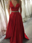 Red Prom Dresses A-line V-Neck Satin With Beading Formal Gown