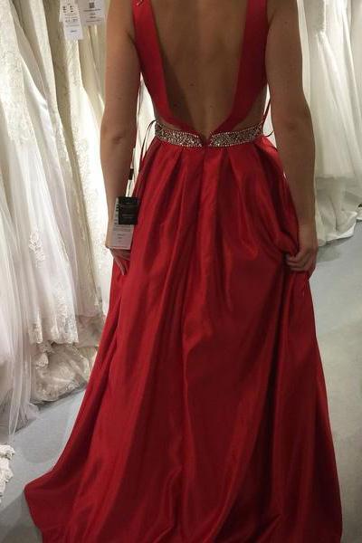 red satin prom dress a-line v-neck satin evening gown with pockets dtp170