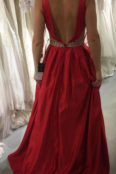 red satin prom dress a-line v-neck satin evening gown with pockets dtp170