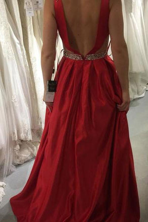 red prom dresses a-line v-neck satin with beading formal gown dtp98