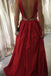 red satin prom dress a-line v-neck satin evening gown with pockets dtp170