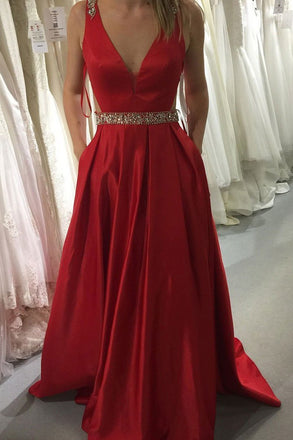 red satin prom dress a-line v-neck satin evening gown with pockets dtp170