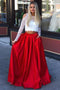 Lace Long Sleeves Red Prom Dress, A Line Satin Two Piece Graduation Dress