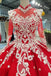 Red Quinceanera Dress Long Sleeves Applique Prom Dress Ball Gown