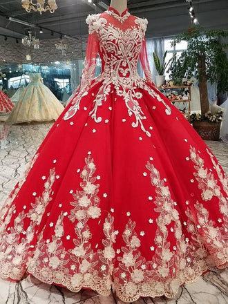 red quinceanera dress long sleeves applique prom dress ball gown dtp484