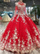 red quinceanera dress long sleeves applique prom dress ball gown dtp484