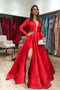 Red Satin Formal Dress Long Sleeve Plunging V-Neck With Slit
