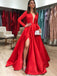 Red Satin Formal Dress Long Sleeve Plunging V-Neck With Slit