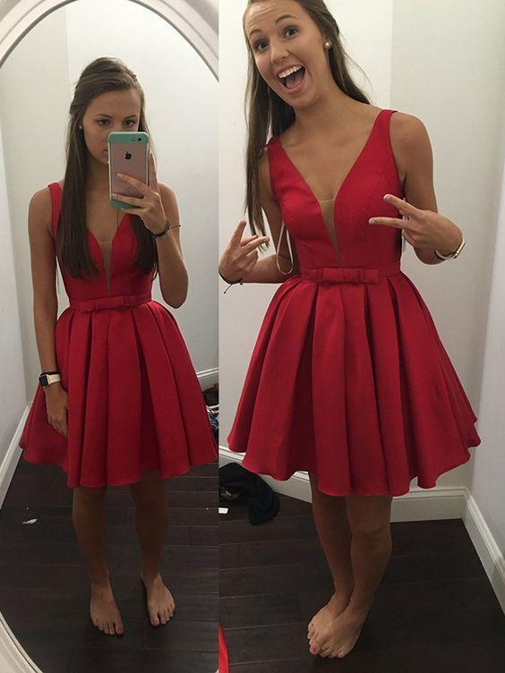 red homecoming dress satin v-neck straps short prom dress dtp243