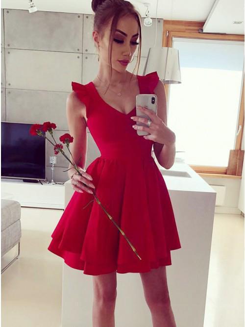 a-line v-neck pleated satin red short homecoming party dress dtp229