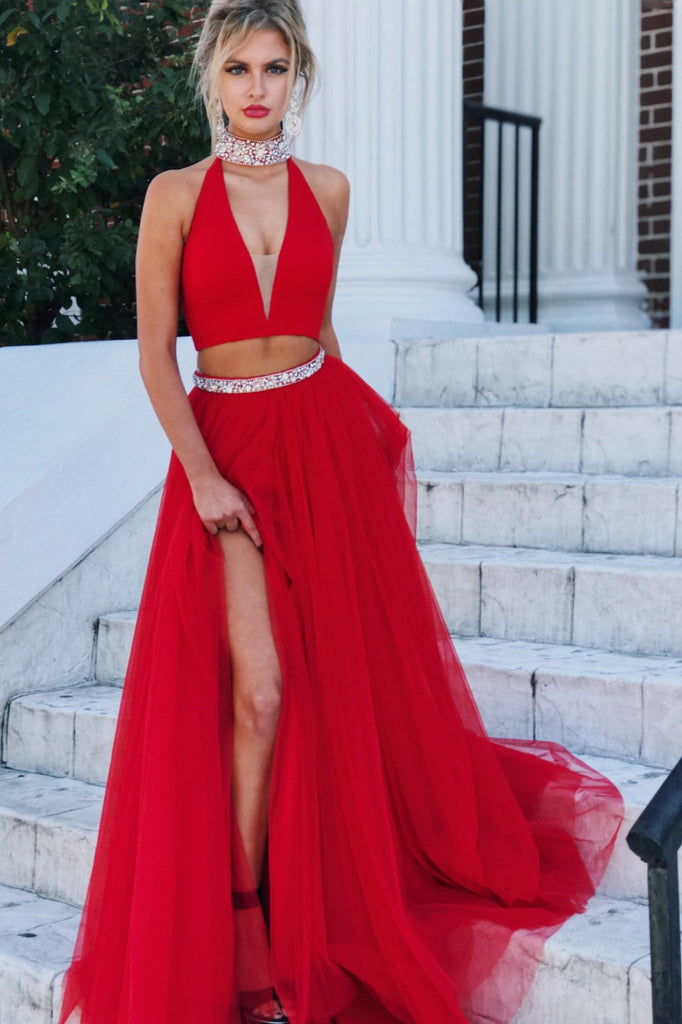 two piece long evening dress with slit high neck beading red prom dress dtp161