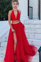 High Neck Beading Red Prom Dress, Two Piece Long Evening Dress With Slit