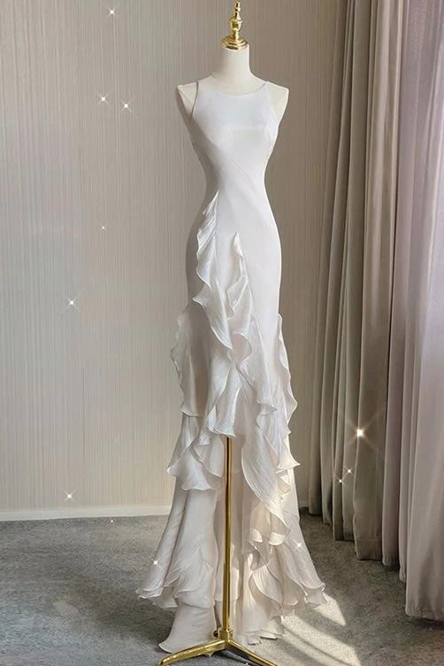 Ivory Sheath Chiffon Wedding Dress With Ruffles, Long Prom Party Dress