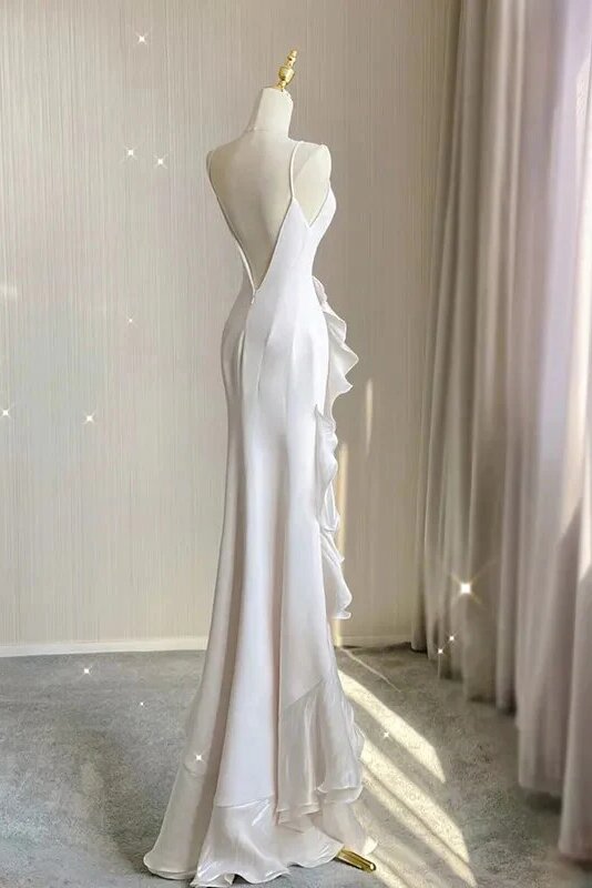 Ivory Sheath Chiffon Wedding Dress With Ruffles, Long Prom Party Dress