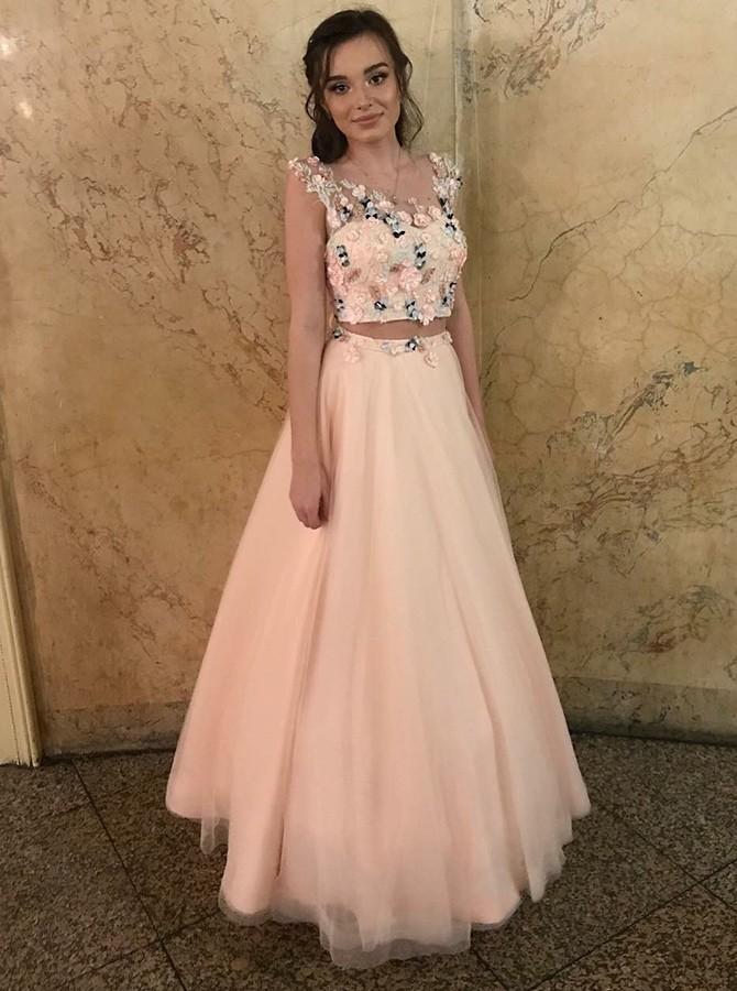 round neck tulle floral two piece prom dress with appliques dtp333