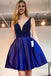 Royal Blue Homecoming Dress, Plunging Neck Beaded Short Prom Dresses