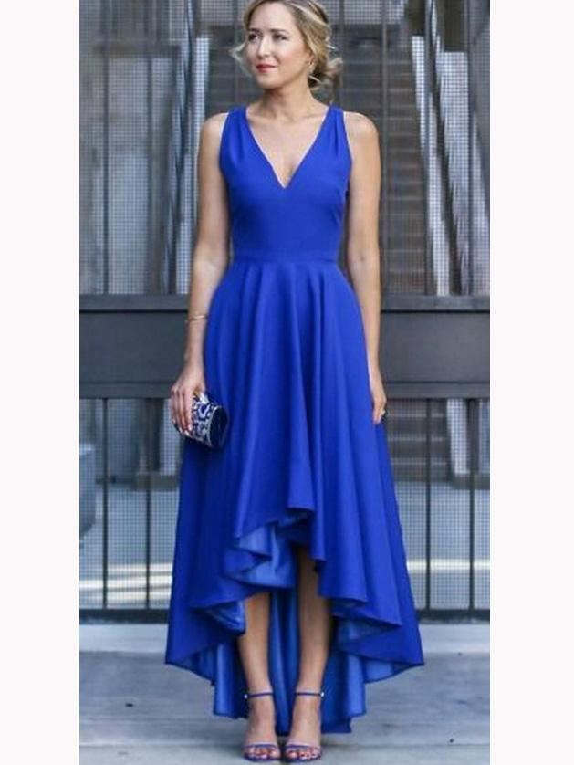 asymmetry party dress a-line v-neck royal blue high low prom dress dtp266