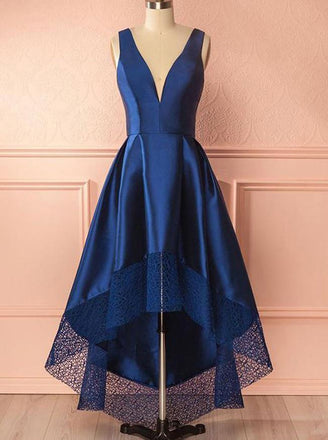 royal blue high low prom dress deep v-neck with lace hem dtp641
