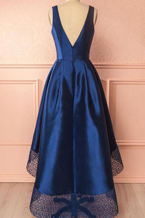 Royal Blue High Low Prom Dress Deep V-Neck With Lace Hem