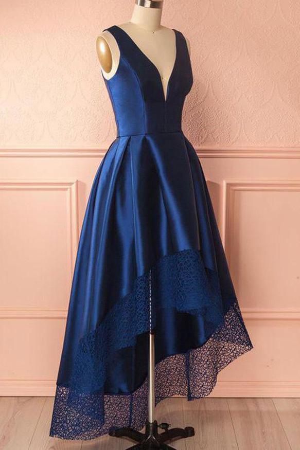 Royal Blue High Low Prom Dress Deep V-Neck With Lace Hem