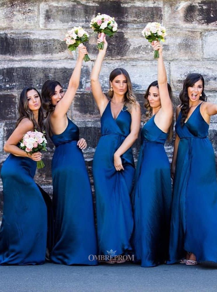 Royal Blue Long Bridesmaid Dresses A-Line V-neck Wedding Party