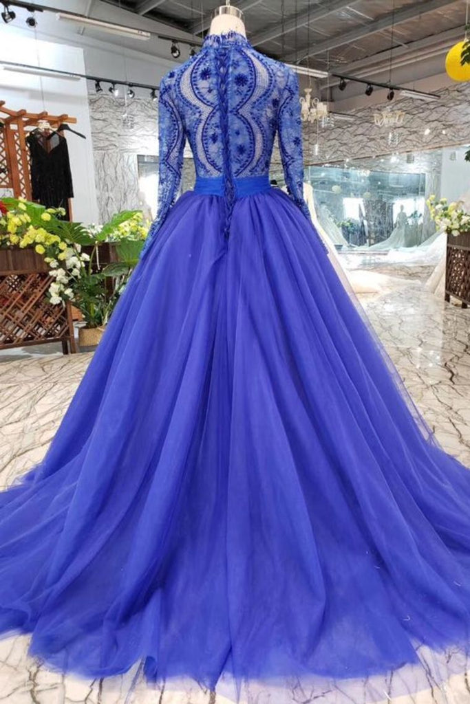 Long sleeve royal blue prom dress discount