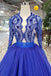 Royal Blue Long Sleeves Quinceanera Gown Tulle Lace Applique Beads Prom Dress