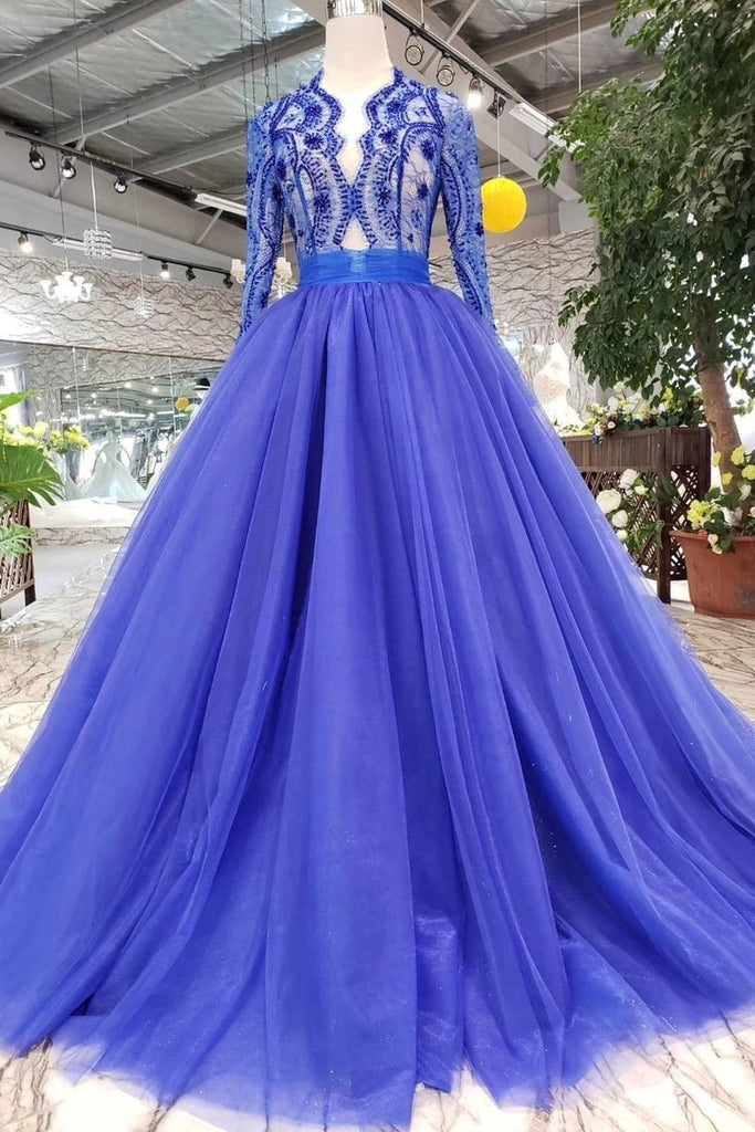 Royal blue prom 2025 dress with lace sleeves