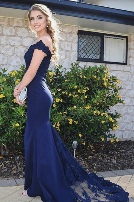 Royal Blue Mermaid Prom Dress Off-the-Shoulder with Lace Appliques