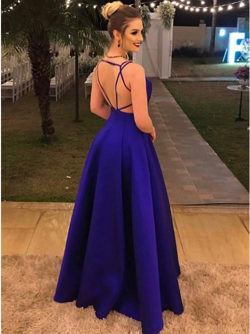 Royal Blue Satin Criss-Cross Backless Prom Evening Dress A-Line V-Neck