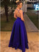 Royal Blue Satin Criss-Cross Backless Prom Evening Dress A-Line V-Neck