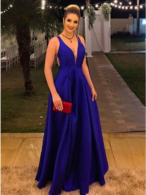 royal blue satin criss-cross backless prom evening dress a-line v-neck dtp371