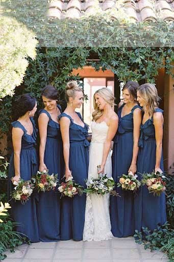Ruffles A-line V-neck Navy Blue Long Simple Bridesmaid Dresses
