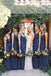 Ruffles A-line V-neck Navy Blue Long Simple Bridesmaid Dresses