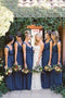 Ruffles A-line V-neck Navy Blue Long Simple Bridesmaid Dresses