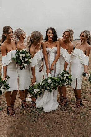 Ruffles Off Shoulder Short Bridesmaid Dresses Satin Party Dress For Wedding