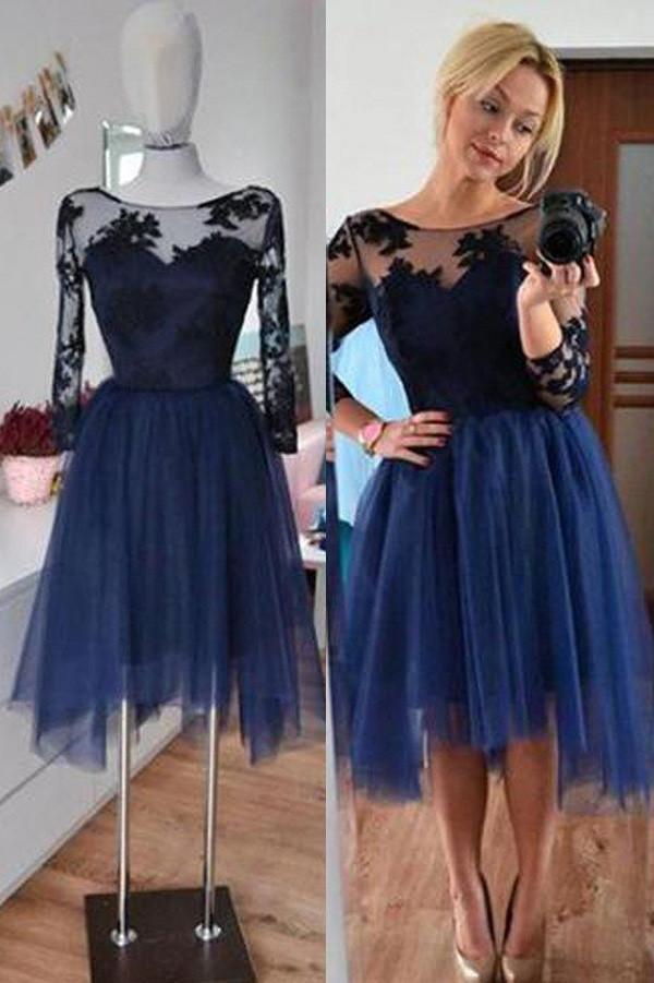 Lace 3/4 Sleeves Navy Tulle Short Homecoming Dresses with Appliques dth59