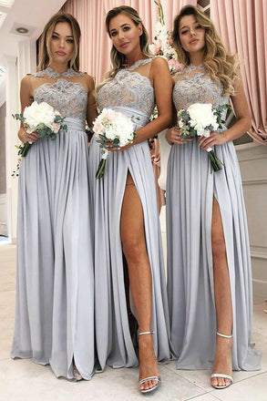 Satin Grey Long Bridesmaid Dresses High Neck Lace Appliques With Slit